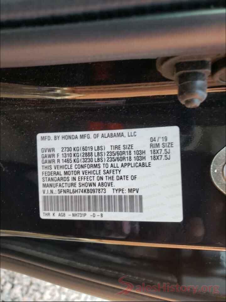 5FNRL6H74KB097873 2019 HONDA ODYSSEY