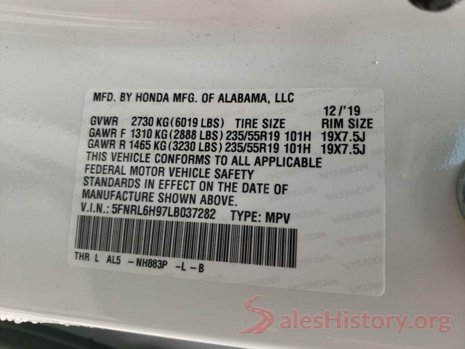 5FNRL6H97LB037282 2020 HONDA ODYSSEY