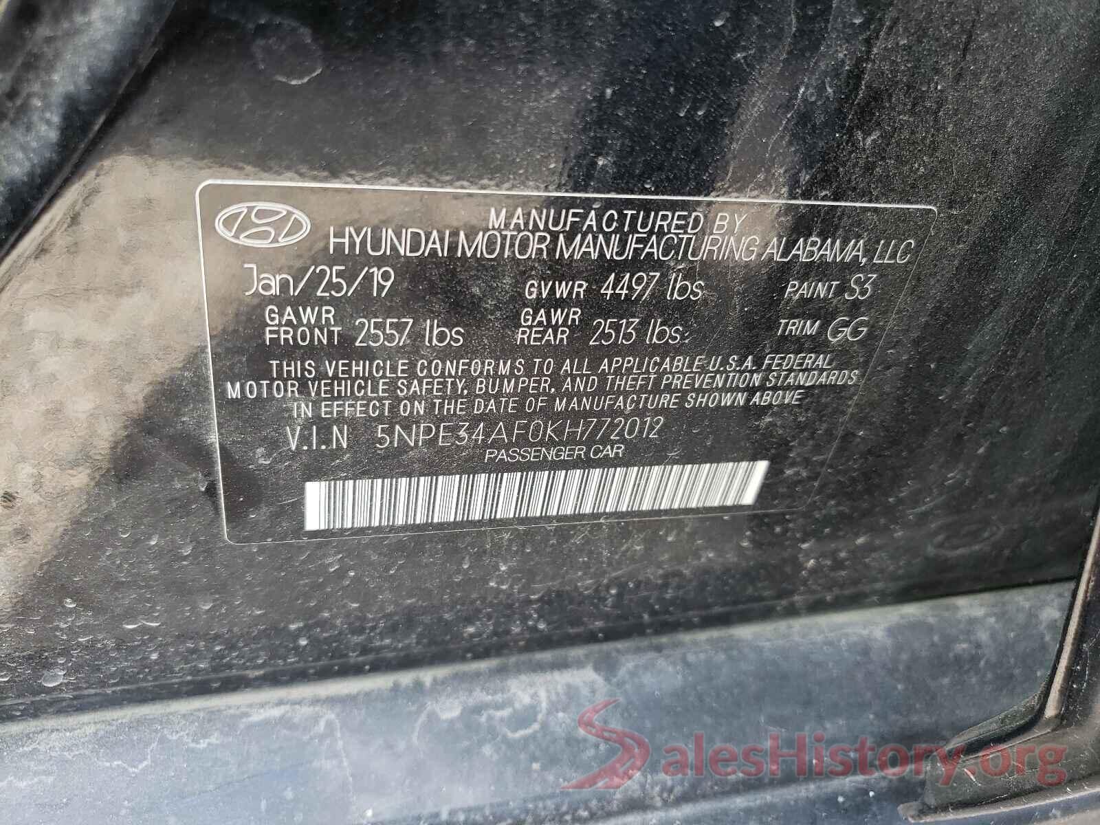 5NPE34AF0KH772012 2019 HYUNDAI SONATA