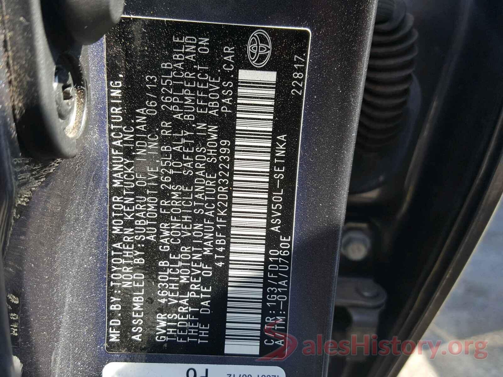 4T4BF1FK2DR322399 2013 TOYOTA CAMRY