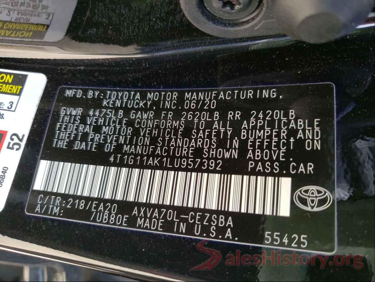 4T1G11AK1LU957392 2020 TOYOTA CAMRY