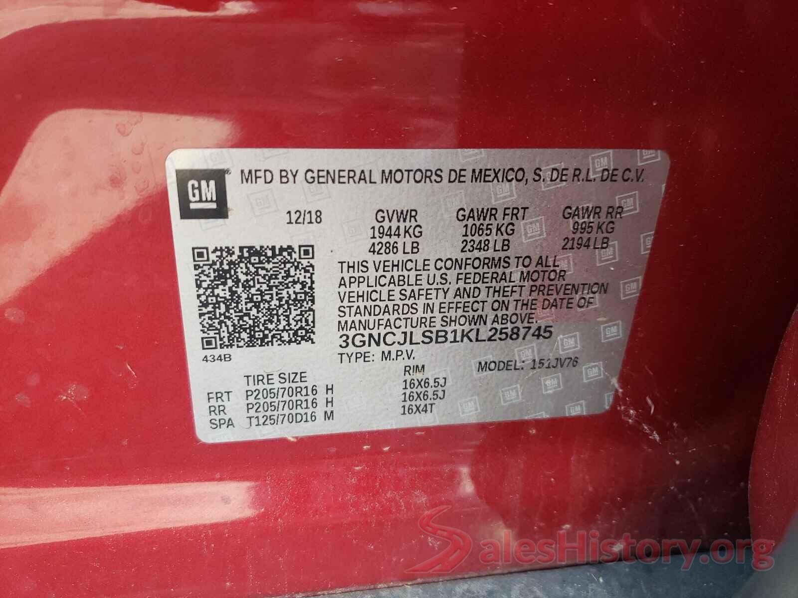 3GNCJLSB1KL258745 2019 CHEVROLET TRAX