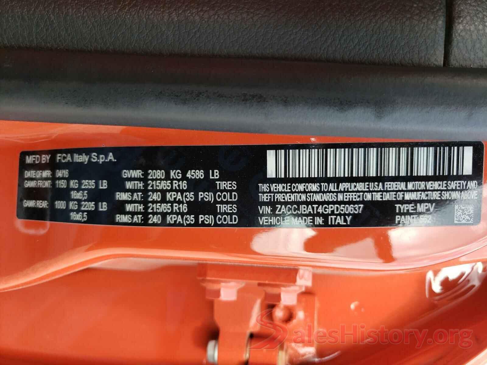 ZACCJBAT4GPD50637 2016 JEEP RENEGADE