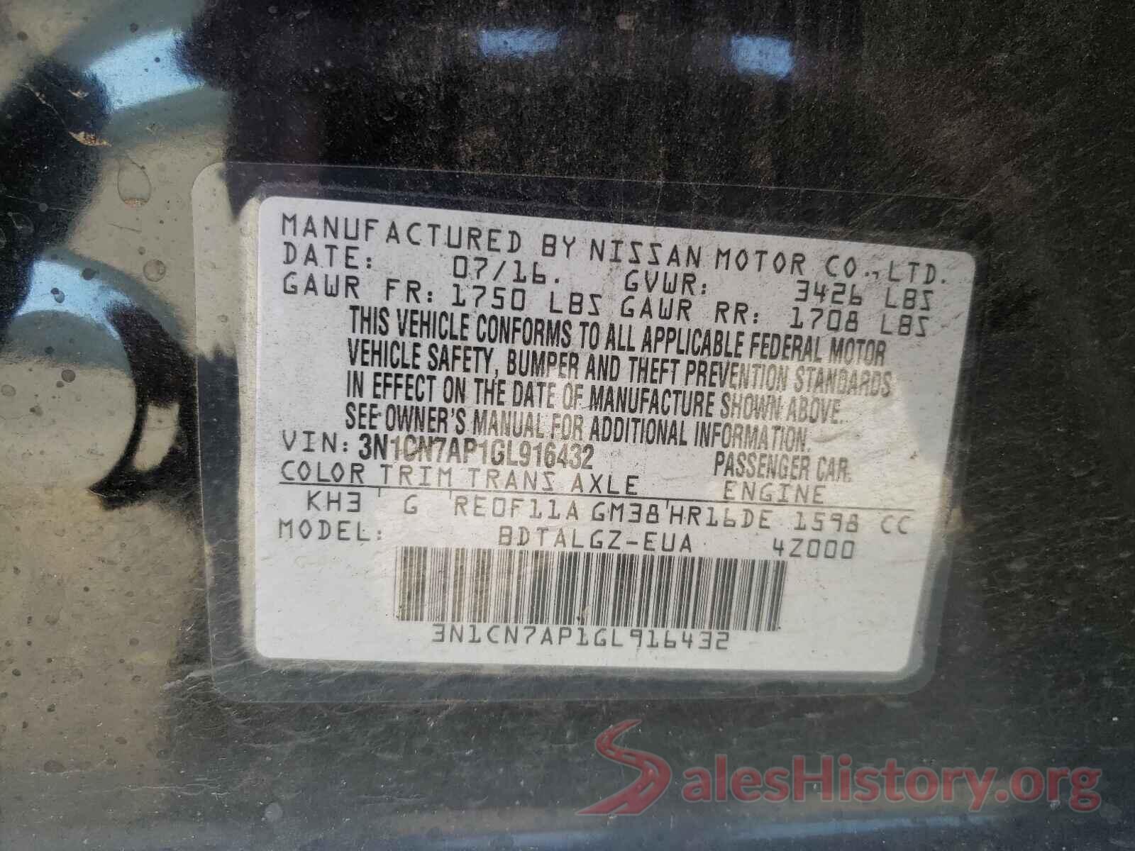 3N1CN7AP1GL916432 2016 NISSAN VERSA