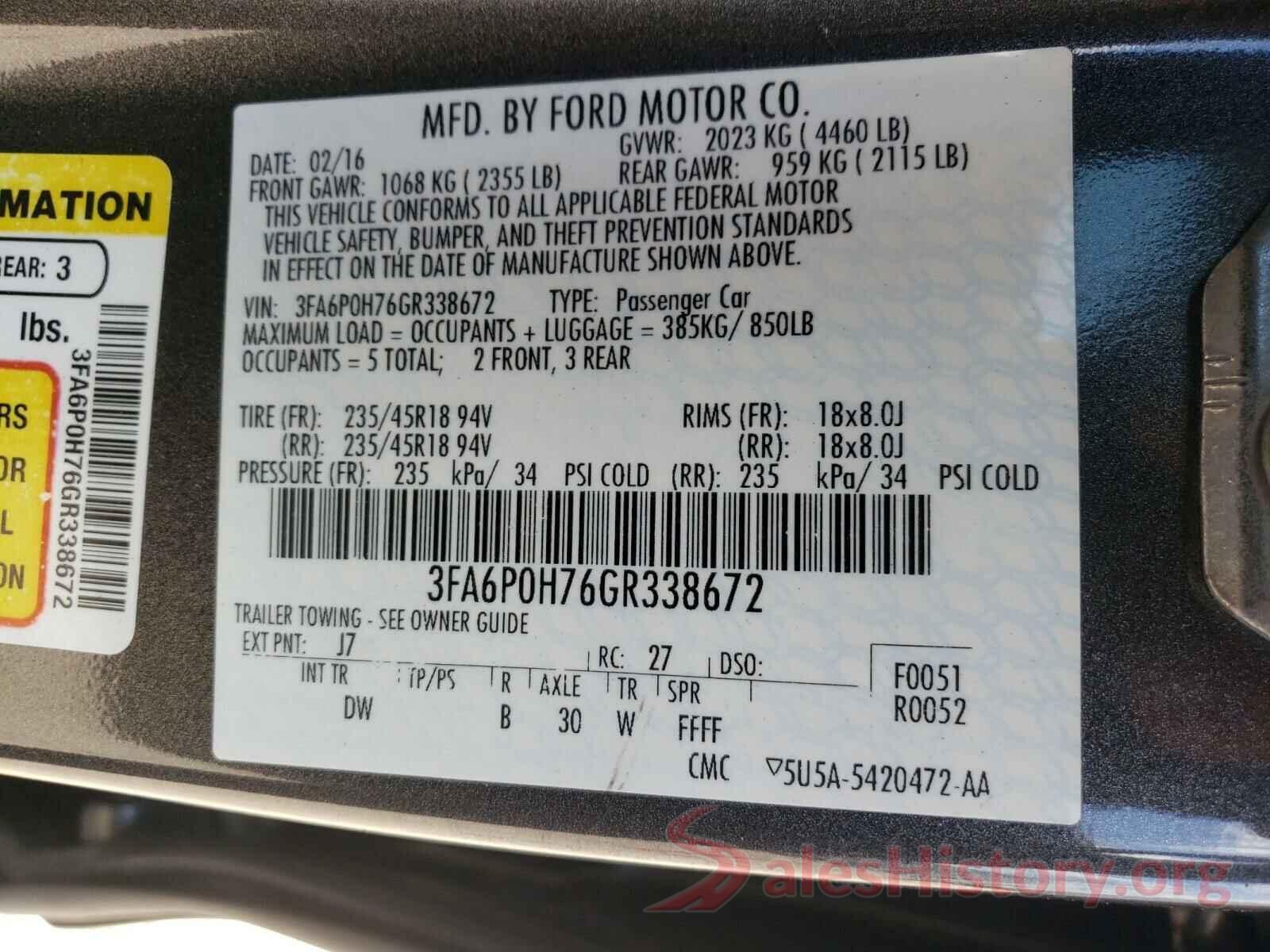 3FA6P0H76GR338672 2016 FORD FUSION