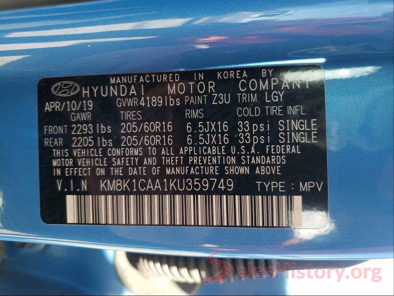 KM8K1CAA1KU359749 2019 HYUNDAI KONA