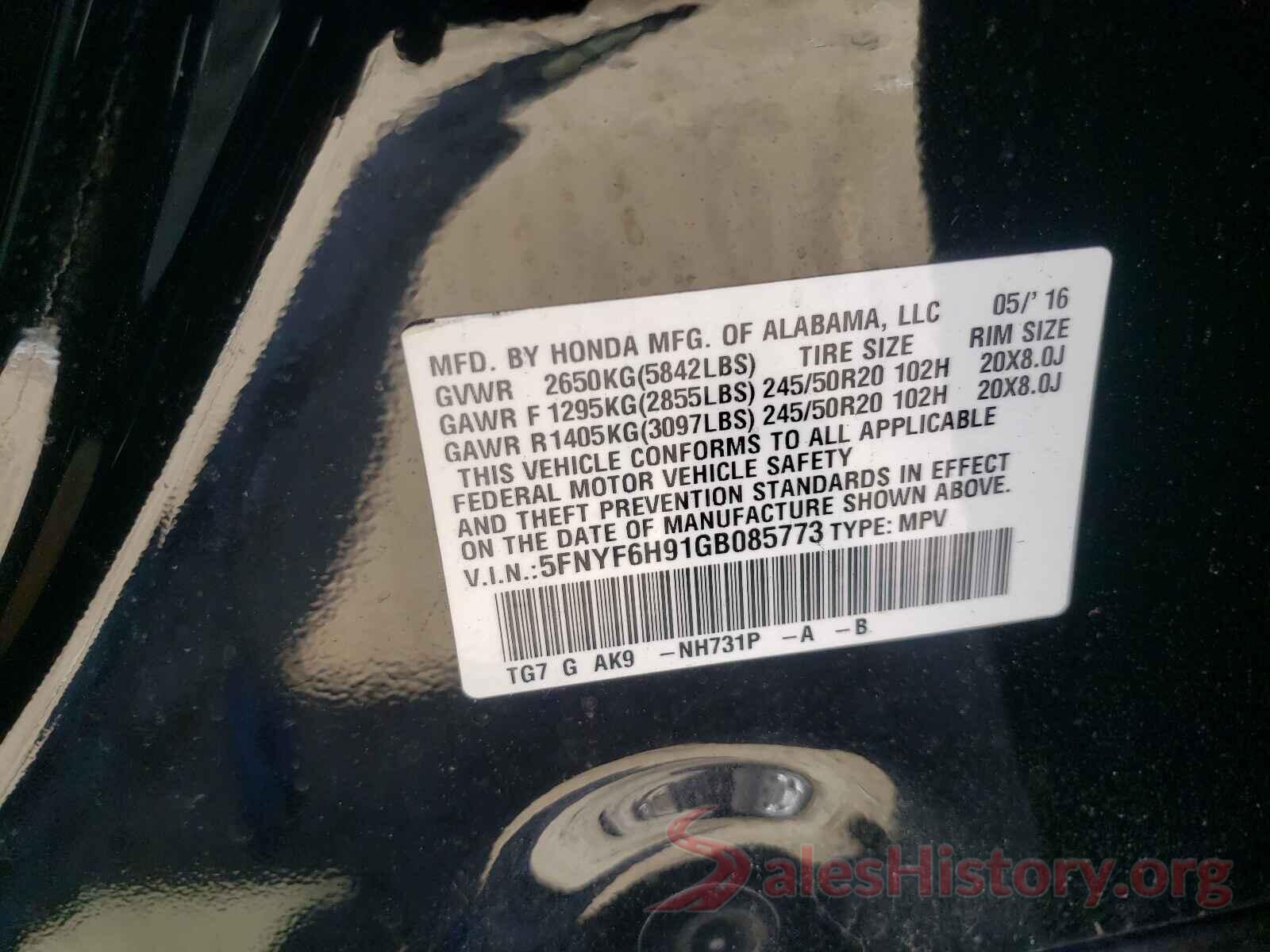 5FNYF6H91GB085773 2016 HONDA PILOT