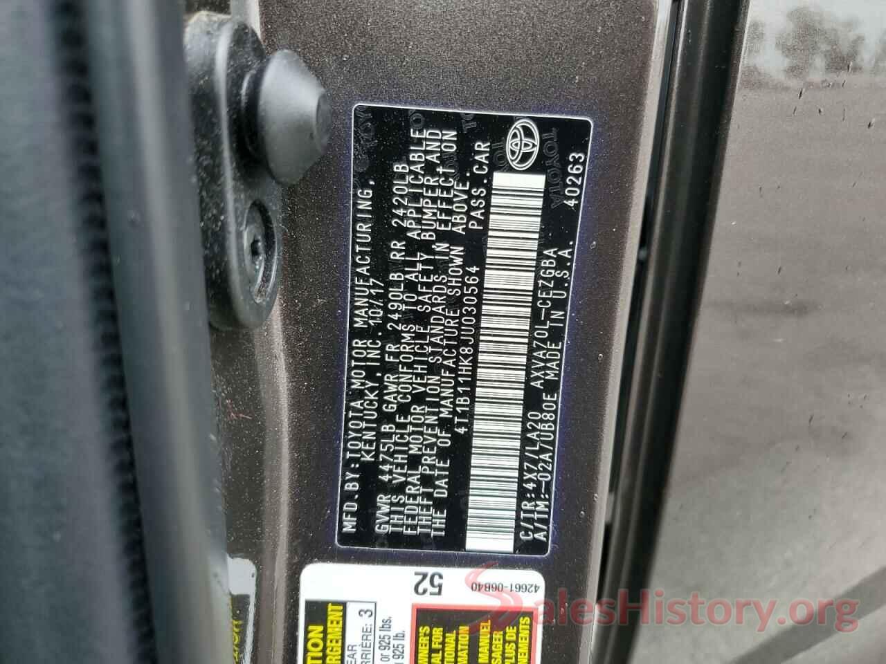 4T1B11HK8JU030564 2018 TOYOTA CAMRY