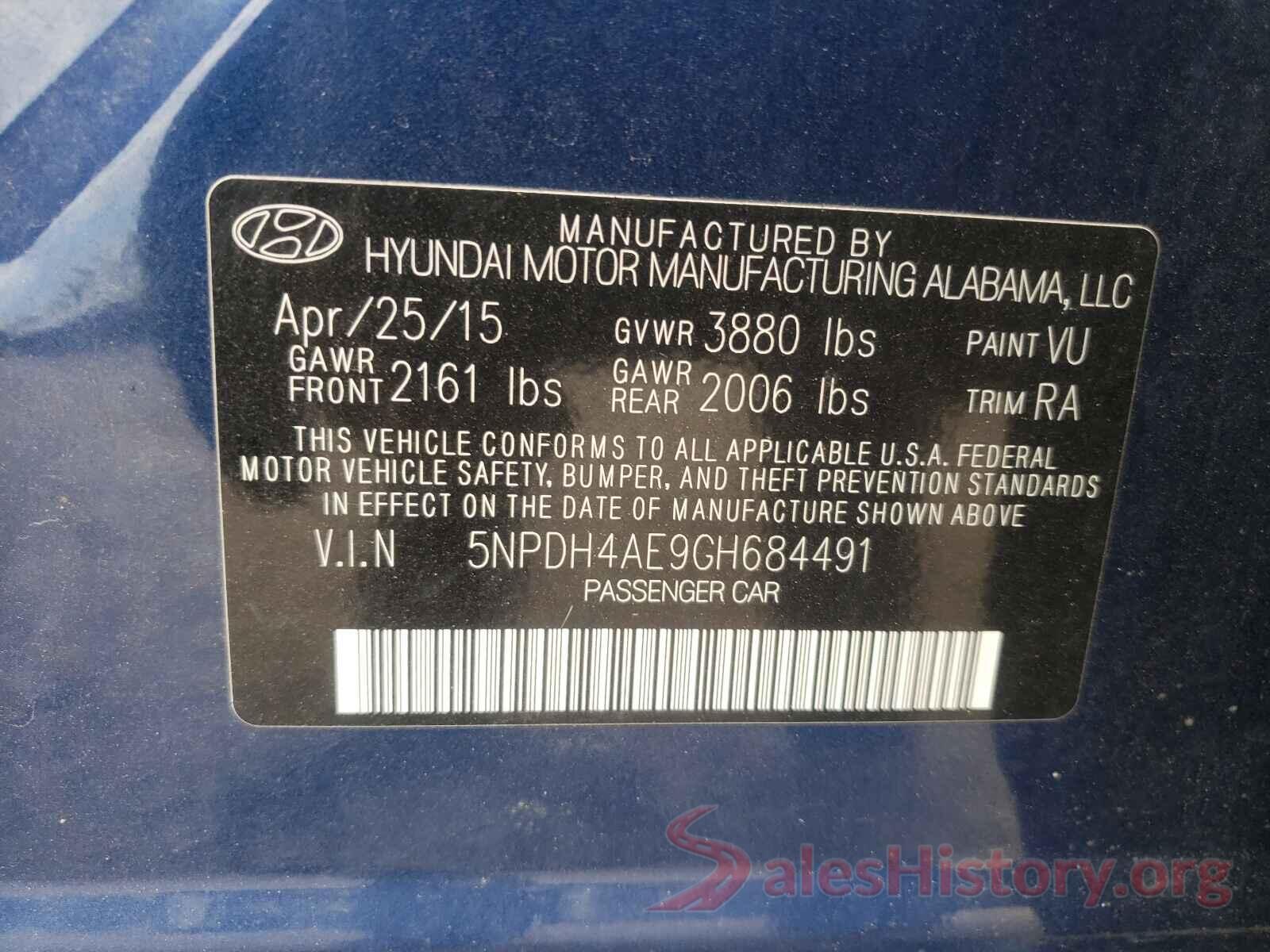 5NPDH4AE9GH684491 2016 HYUNDAI ELANTRA