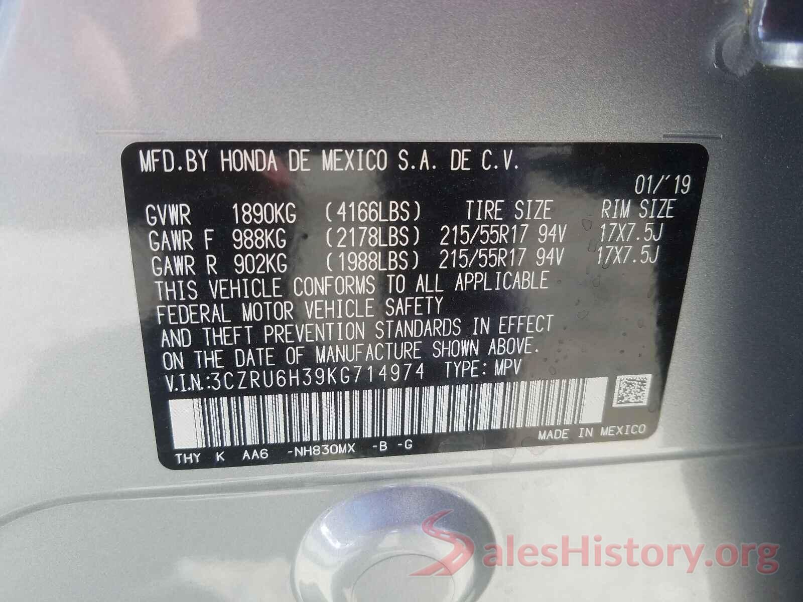 3CZRU6H39KG714974 2019 HONDA HR-V