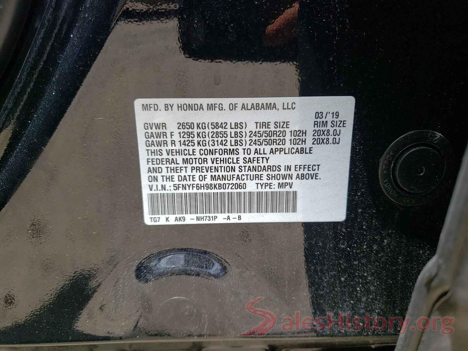 5FNYF6H98KB072060 2019 HONDA PILOT