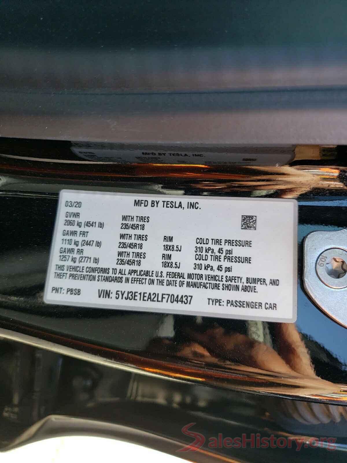 5YJ3E1EA2LF704437 2020 TESLA MODEL 3