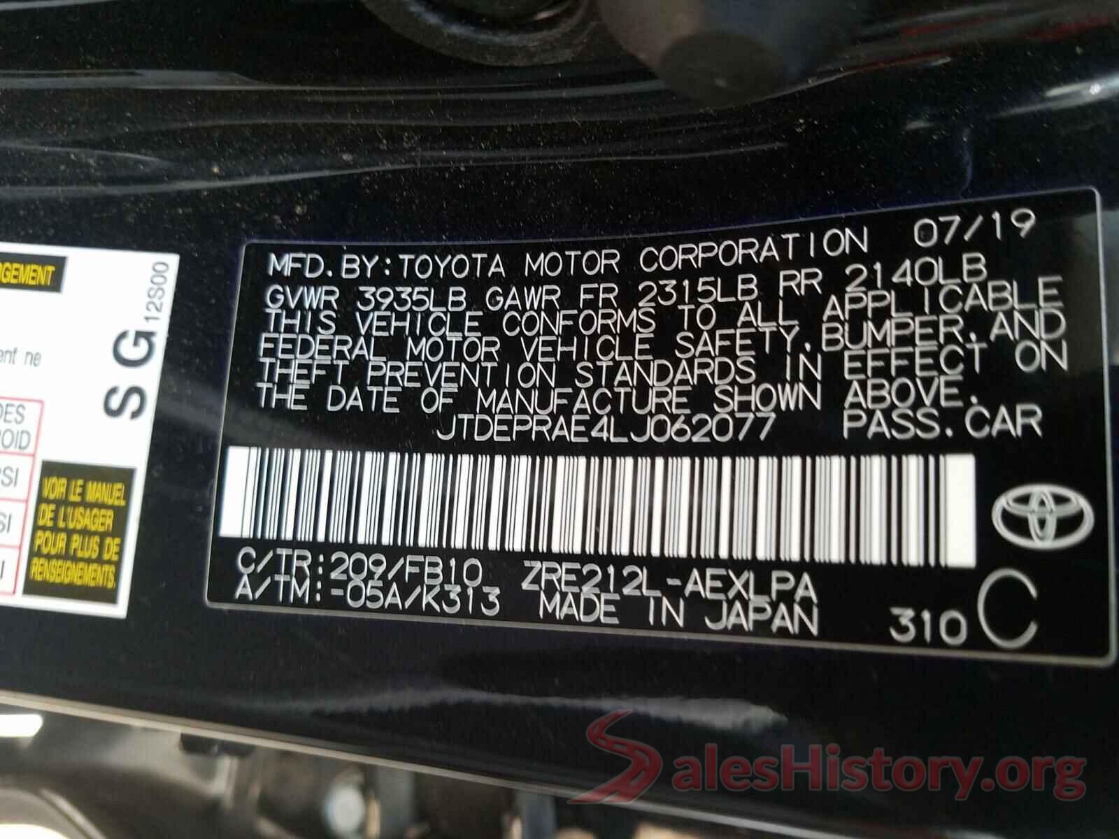 JTDEPRAE4LJ062077 2020 TOYOTA COROLLA