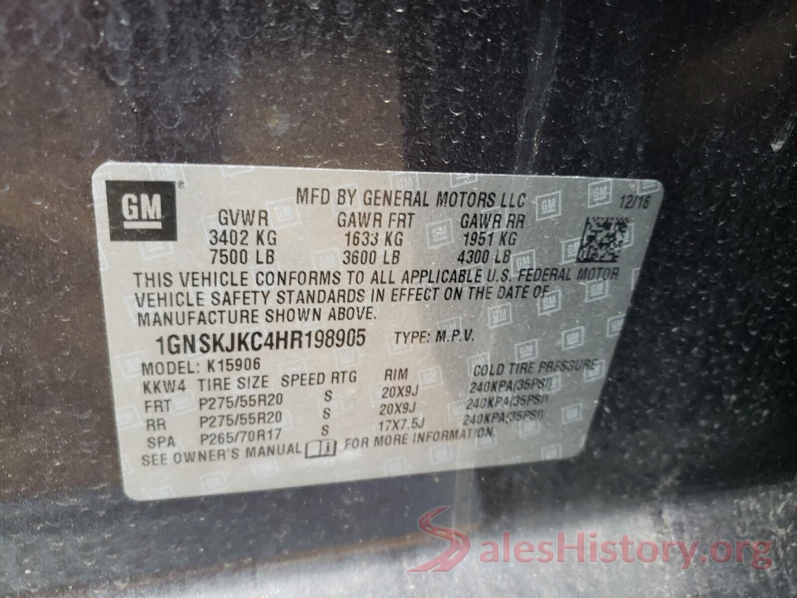 1GNSKJKC4HR198905 2017 CHEVROLET SUBURBAN