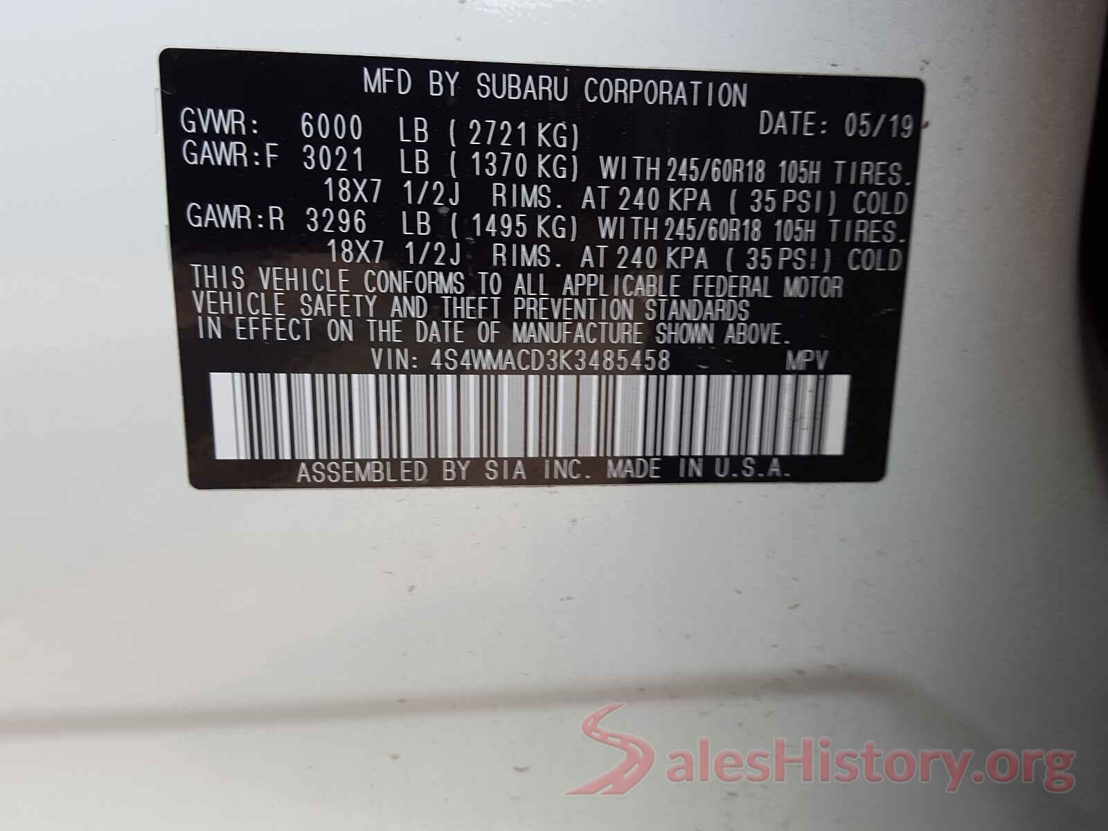 4S4WMACD3K3485458 2019 SUBARU ASCENT