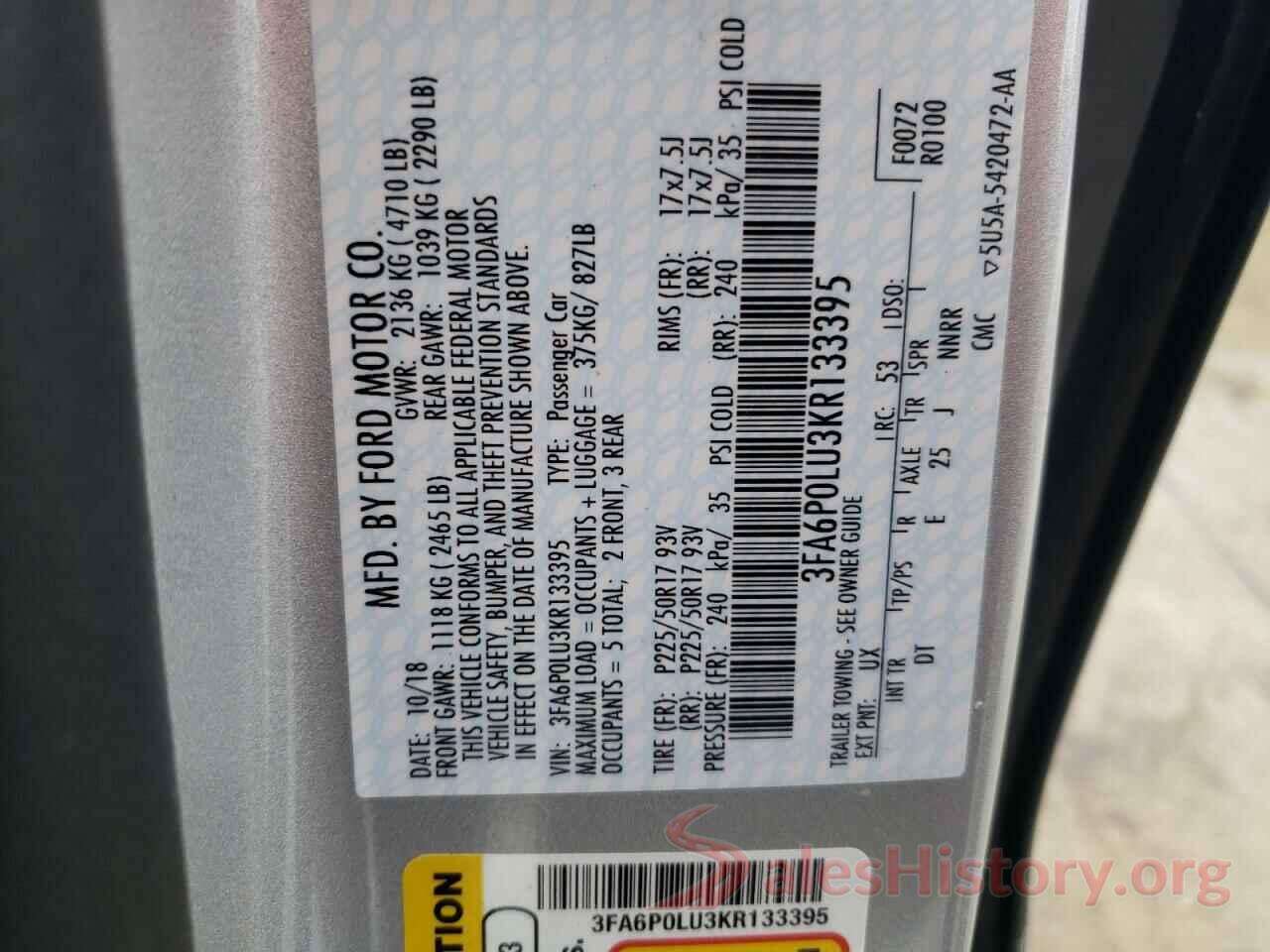 3FA6P0LU3KR133395 2019 FORD FUSION