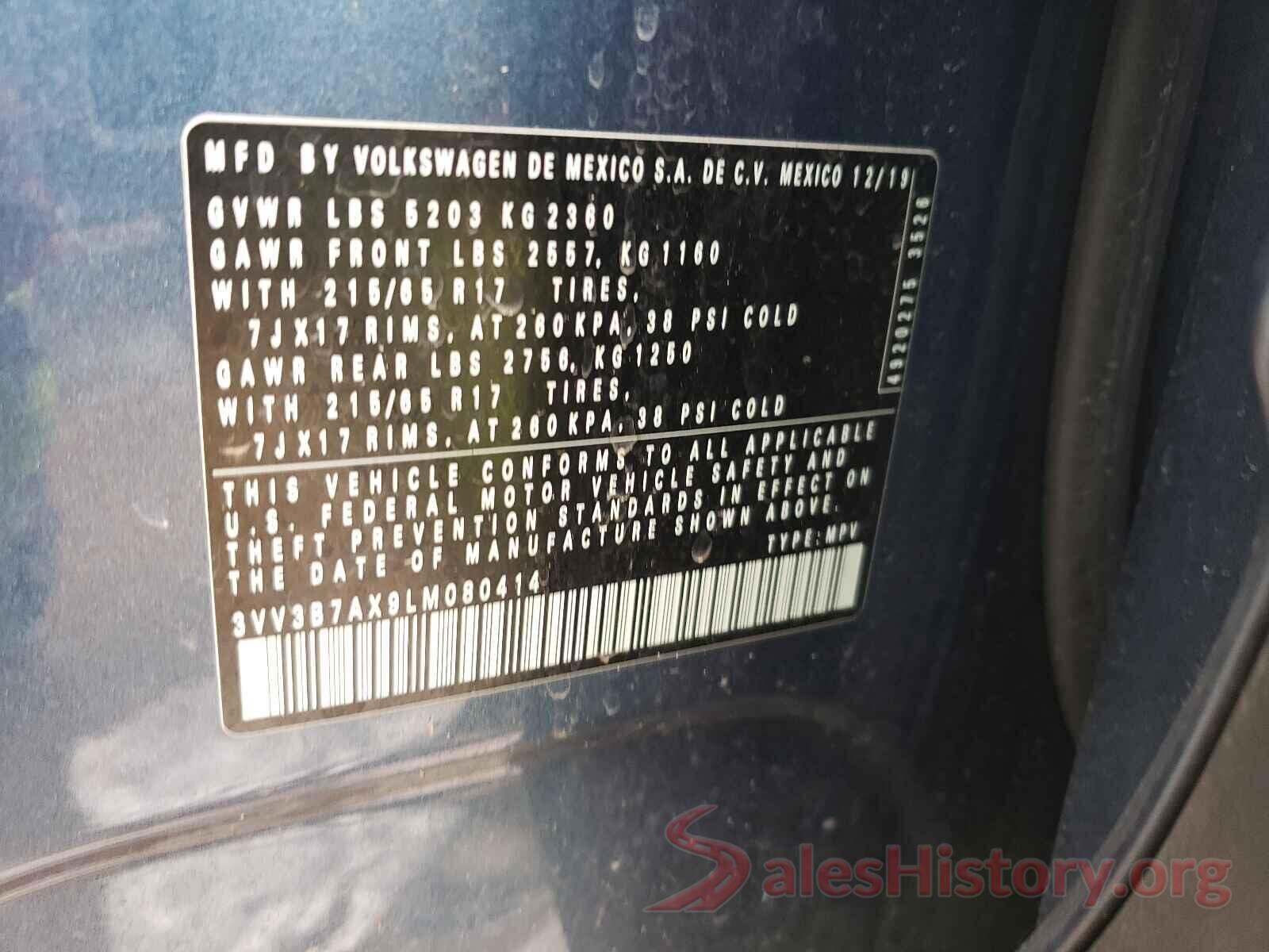 3VV3B7AX9LM080414 2020 VOLKSWAGEN TIGUAN