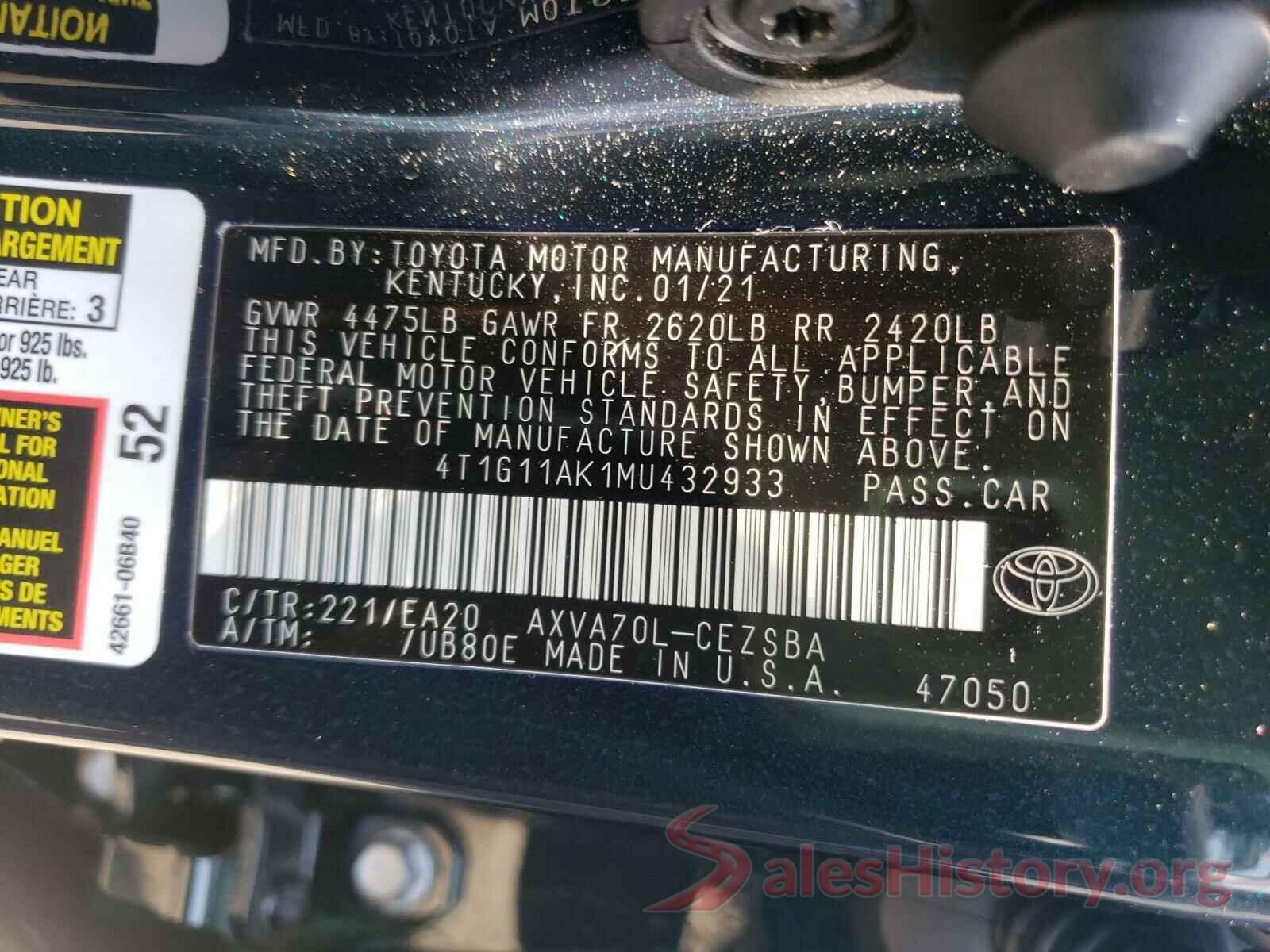 4T1G11AK1MU432933 2021 TOYOTA CAMRY