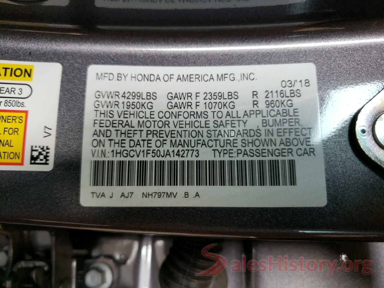 1HGCV1F50JA142773 2018 HONDA ACCORD