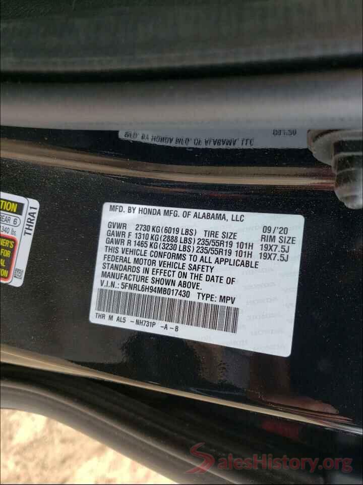 5FNRL6H94MB017430 2021 HONDA ODYSSEY