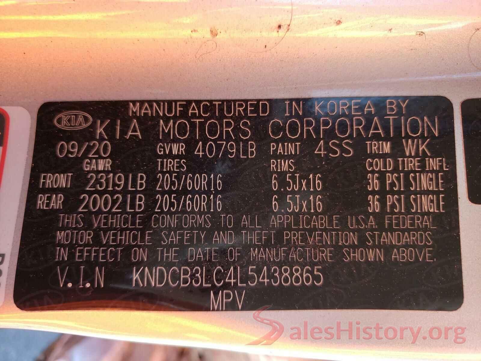 KNDCB3LC4L5438865 2020 KIA NIRO