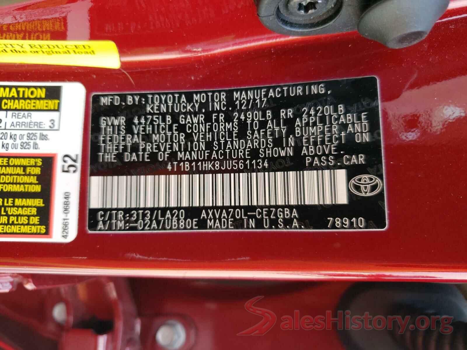 4T1B11HK8JU561134 2018 TOYOTA CAMRY