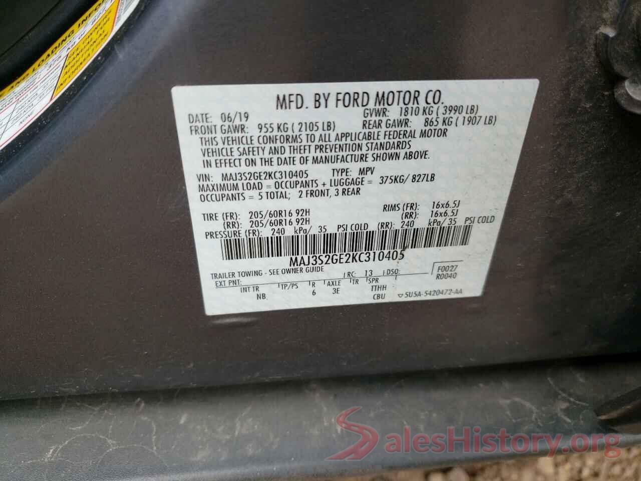 MAJ3S2GE2KC310405 2019 FORD ECOSPORT