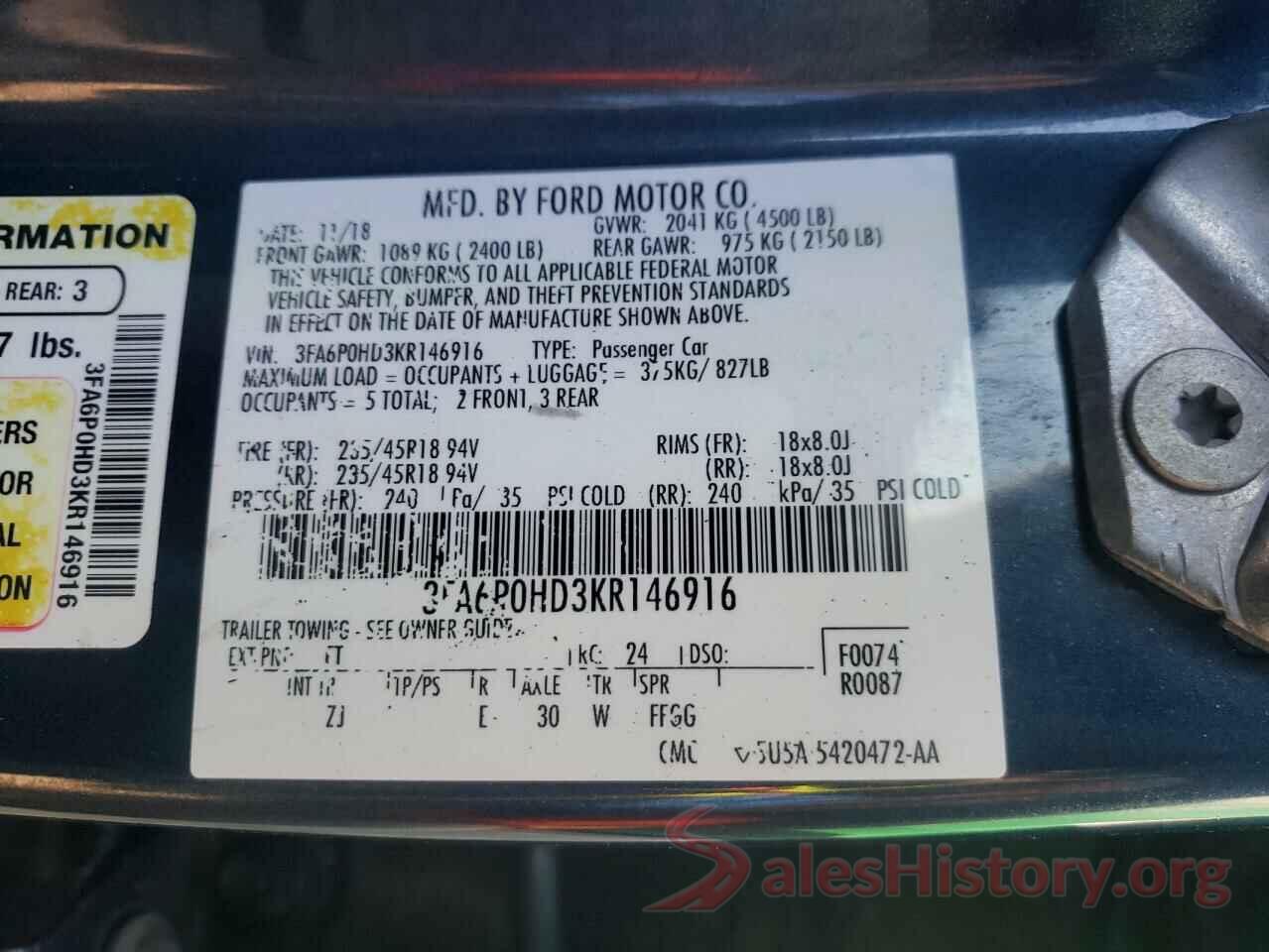 3FA6P0HD3KR146916 2019 FORD FUSION