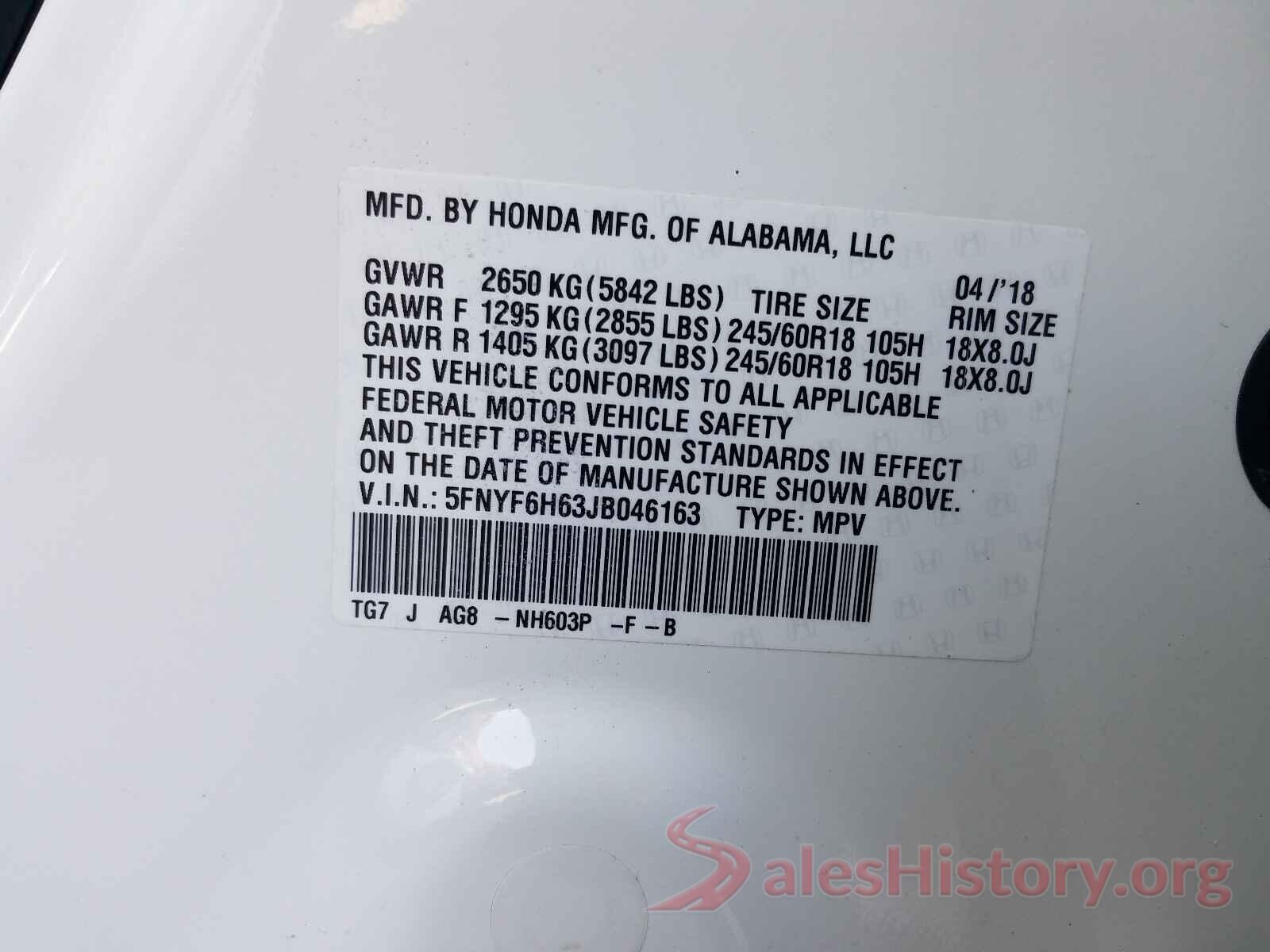 5FNYF6H63JB046163 2018 HONDA PILOT