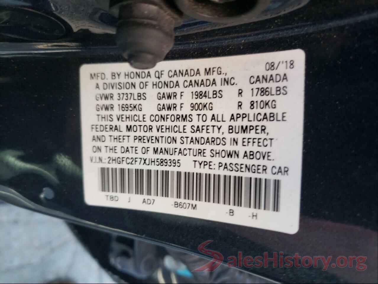 2HGFC2F7XJH589395 2018 HONDA CIVIC