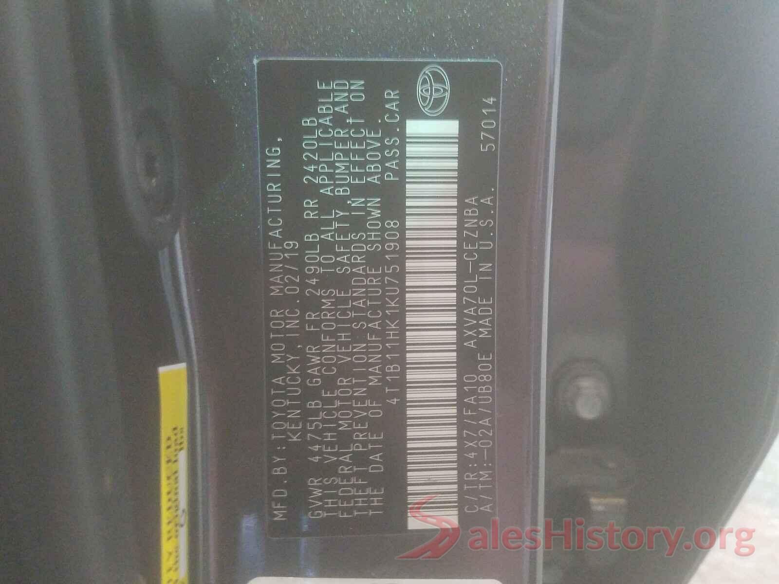 4T1B11HK1KU751908 2019 TOYOTA CAMRY