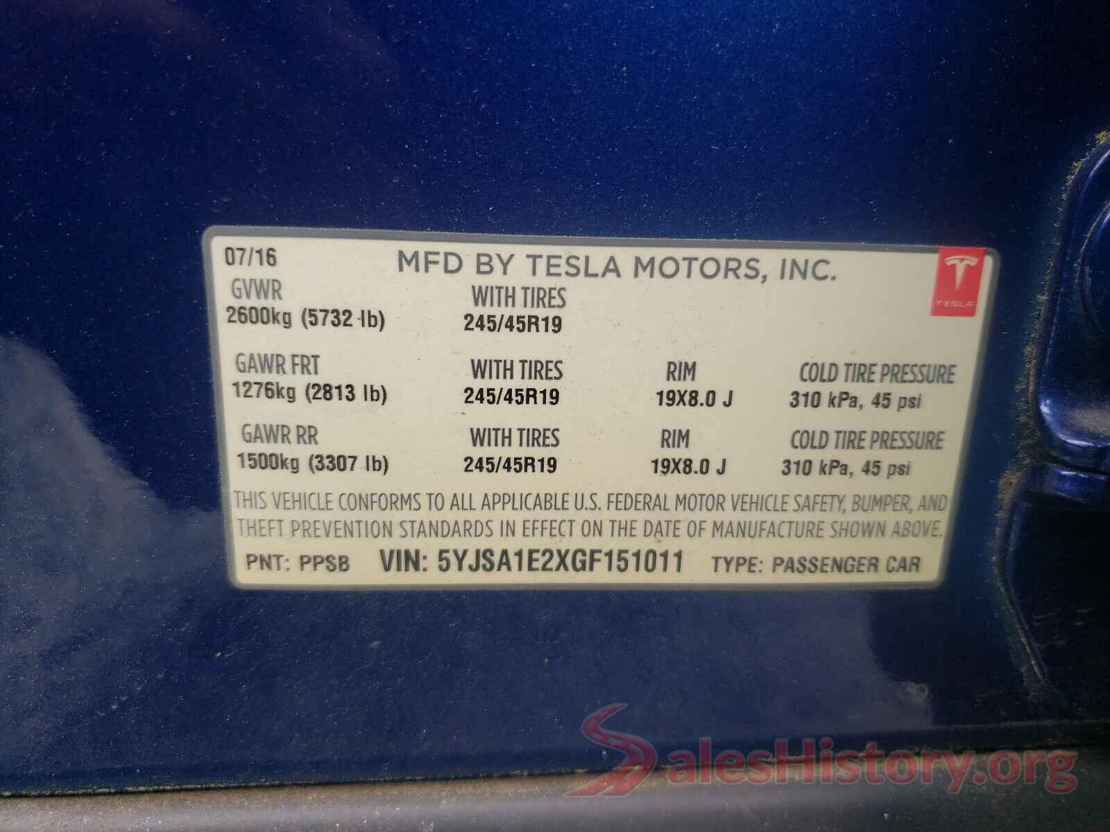 5YJSA1E2XGF151011 2016 TESLA MODEL S