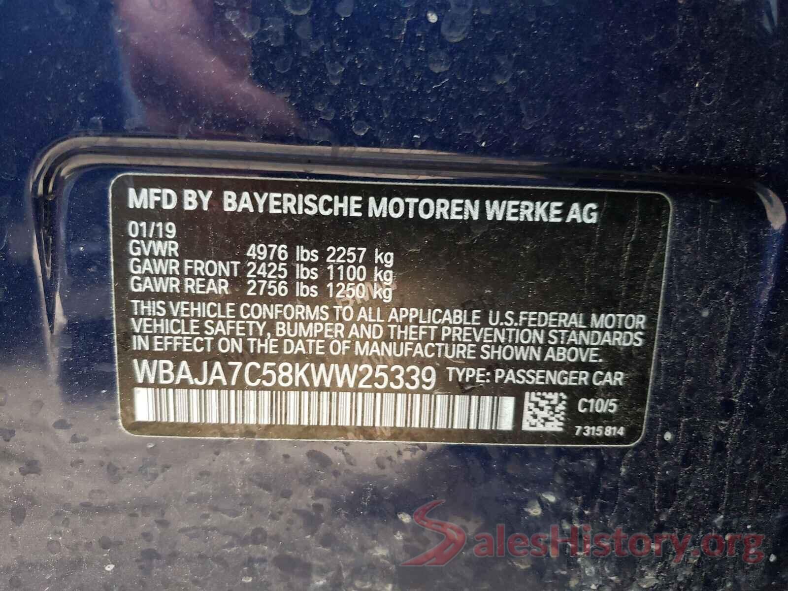 WBAJA7C58KWW25339 2019 BMW 5 SERIES