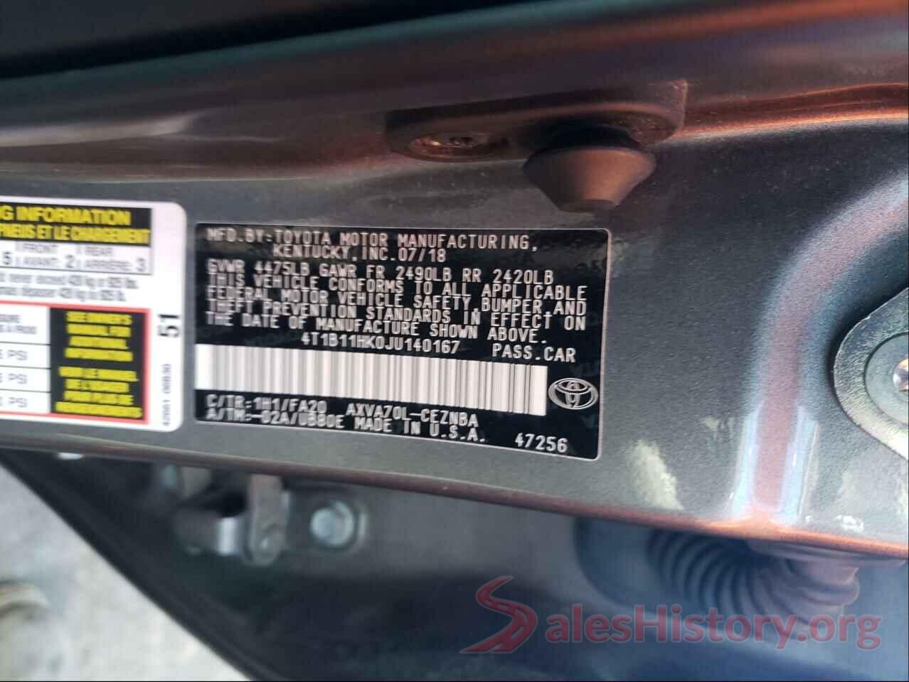 4T1B11HK0JU140167 2018 TOYOTA CAMRY