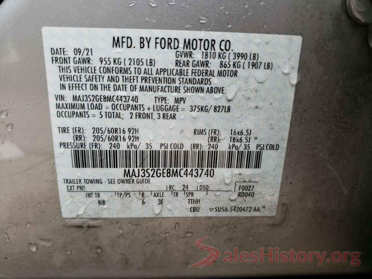 MAJ3S2GE8MC443740 2021 FORD ECOSPORT