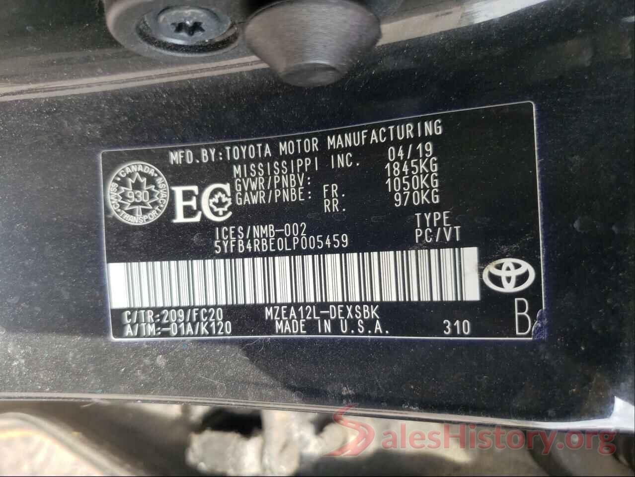 5YFB4RBE0LP005459 2020 TOYOTA COROLLA