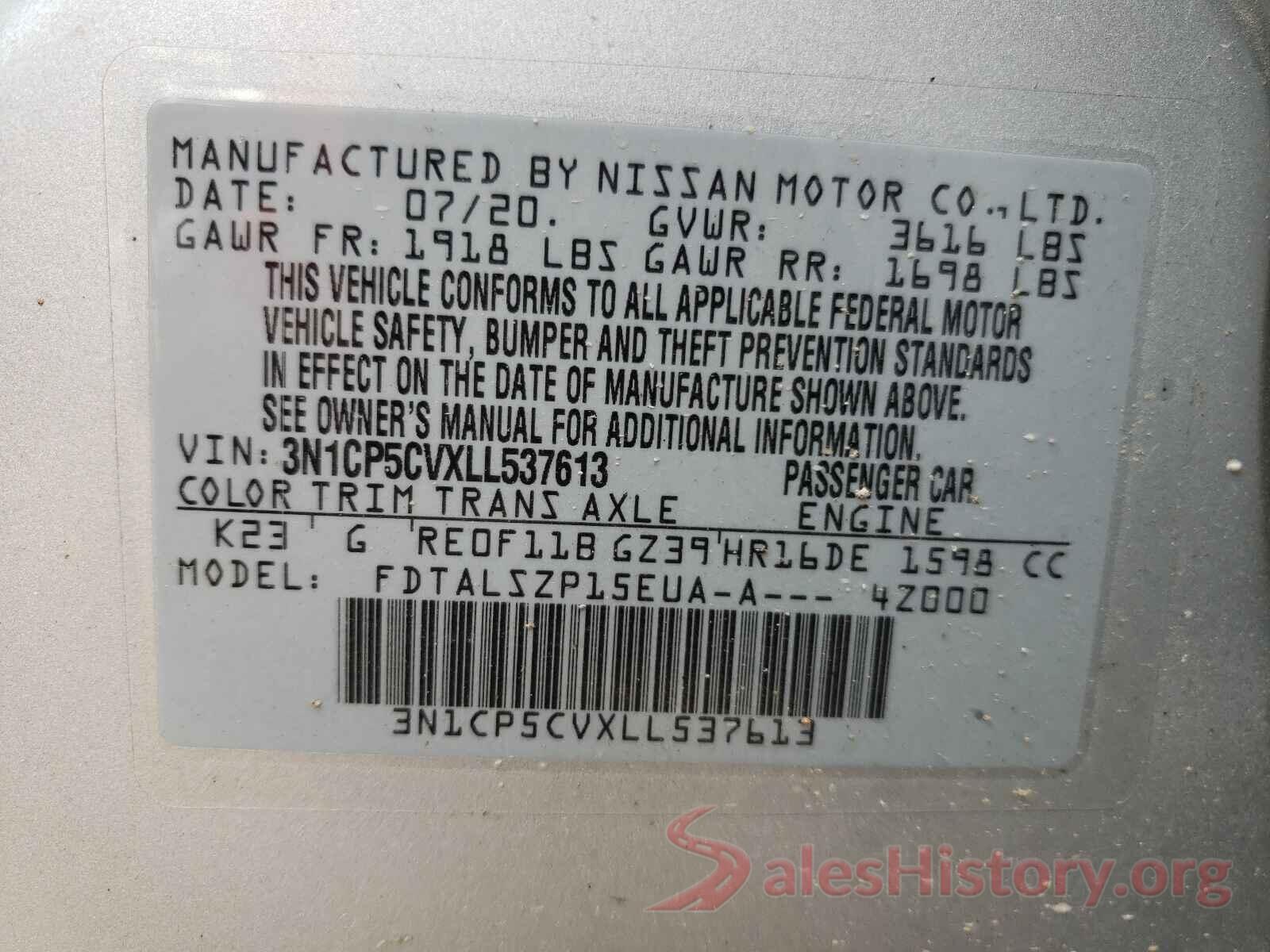 3N1CP5CVXLL537613 2020 NISSAN KICKS