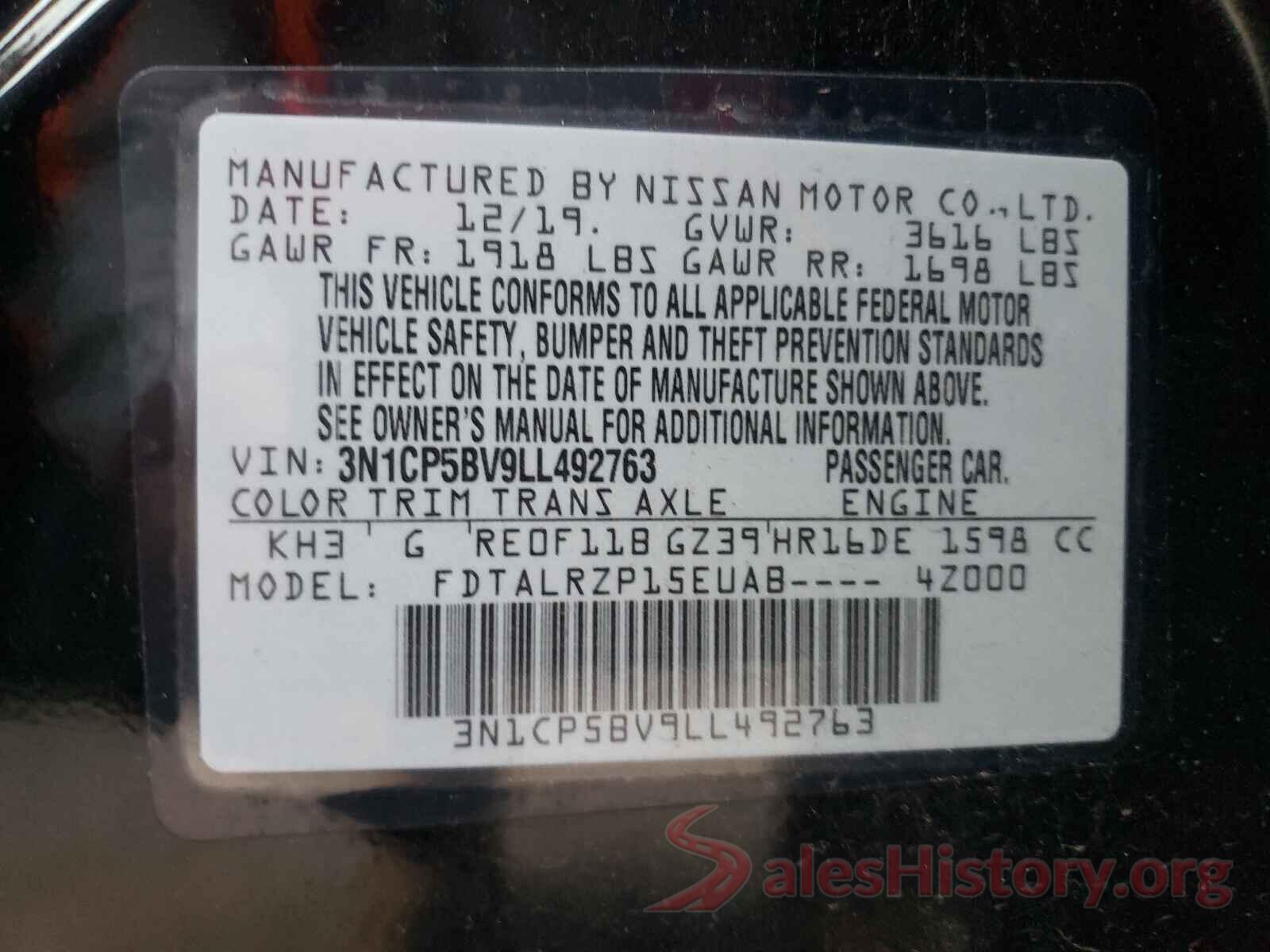 3N1CP5BV9LL492763 2020 NISSAN KICKS