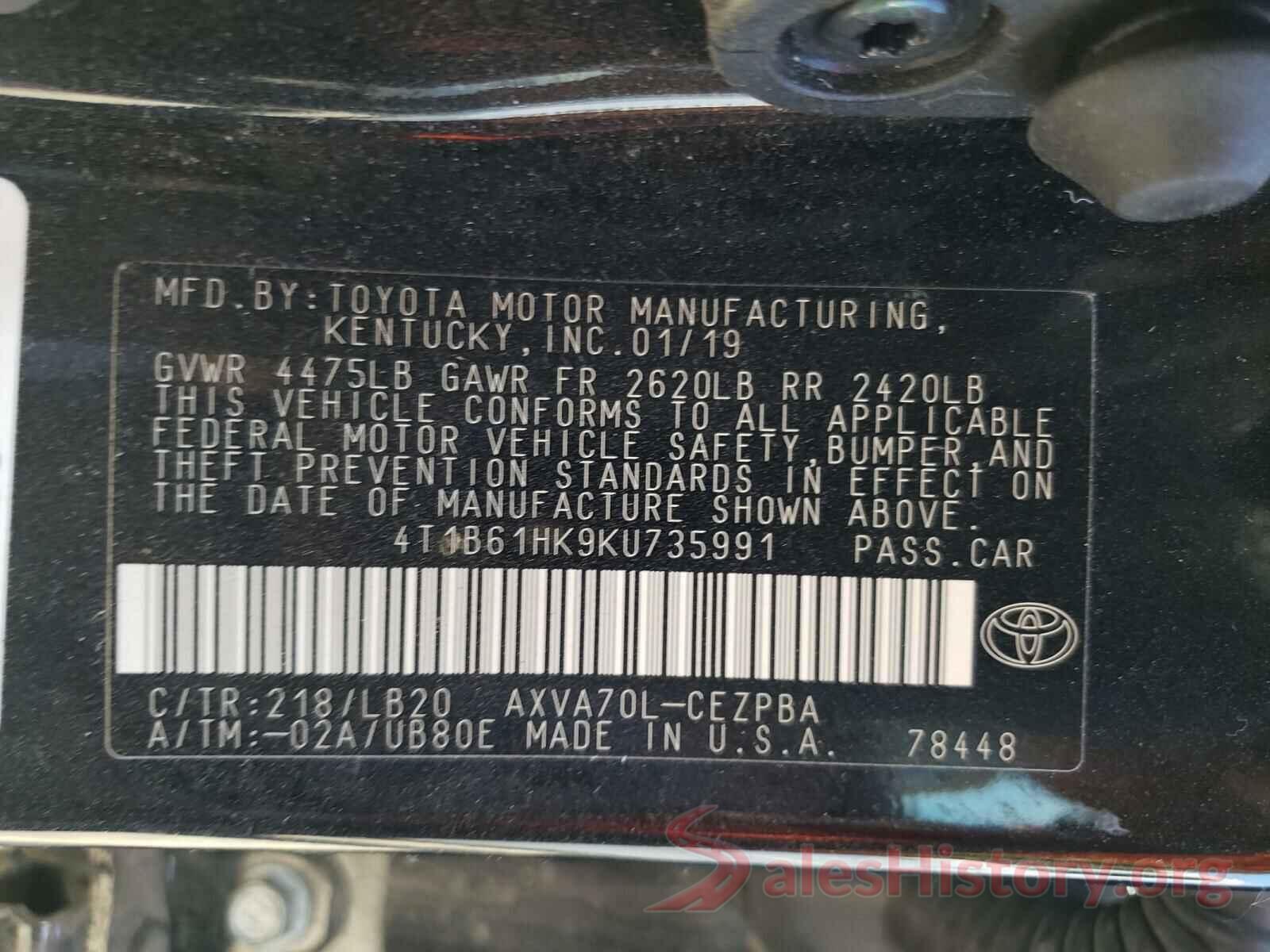 4T1B61HK9KU735991 2019 TOYOTA CAMRY