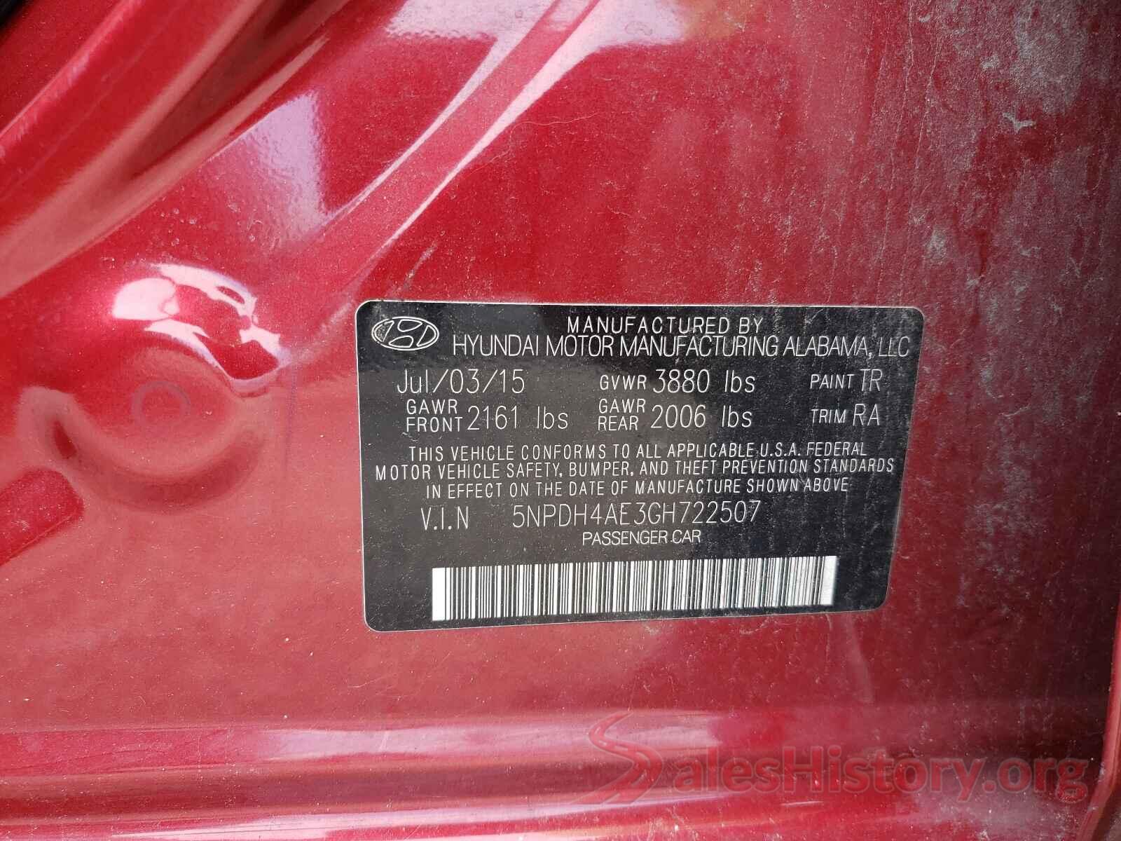 5NPDH4AE3GH722507 2016 HYUNDAI ELANTRA