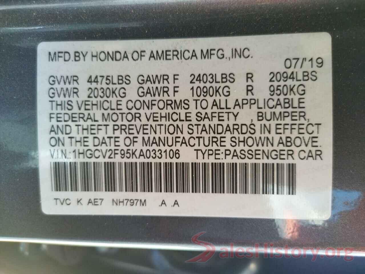 1HGCV2F95KA033106 2019 HONDA ACCORD