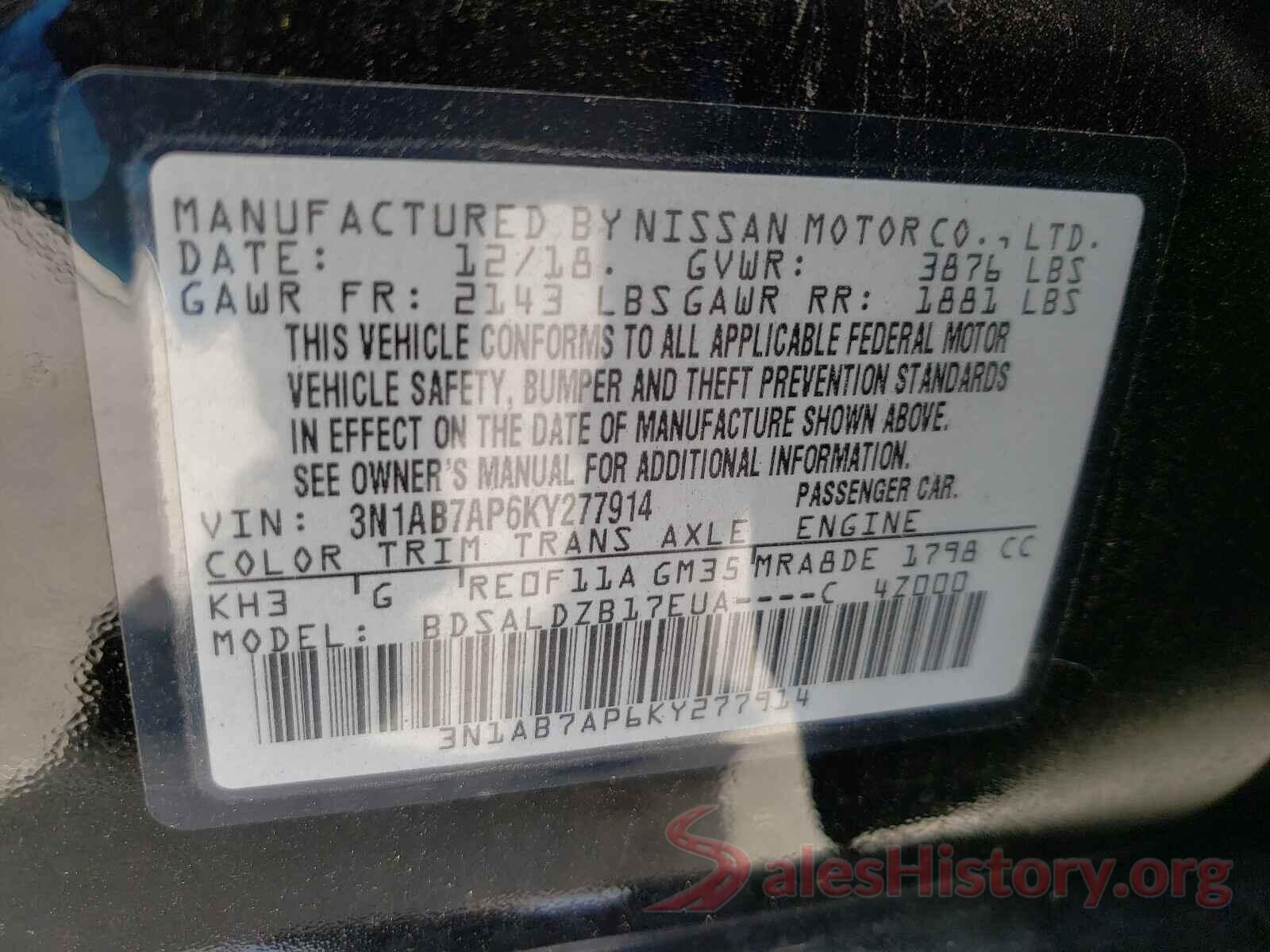 3N1AB7AP6KY277914 2019 NISSAN SENTRA