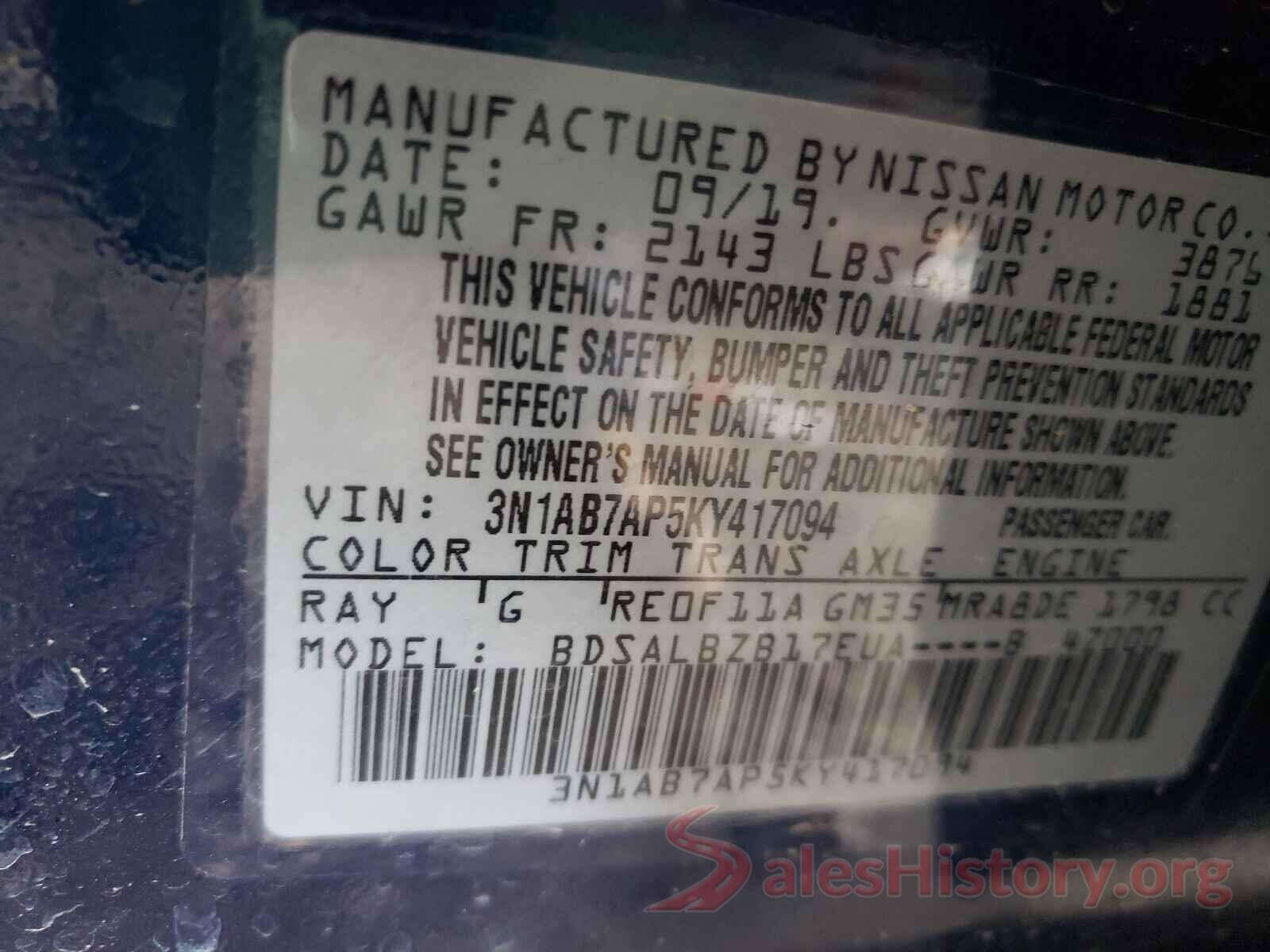 3N1AB7AP5KY417094 2019 NISSAN SENTRA