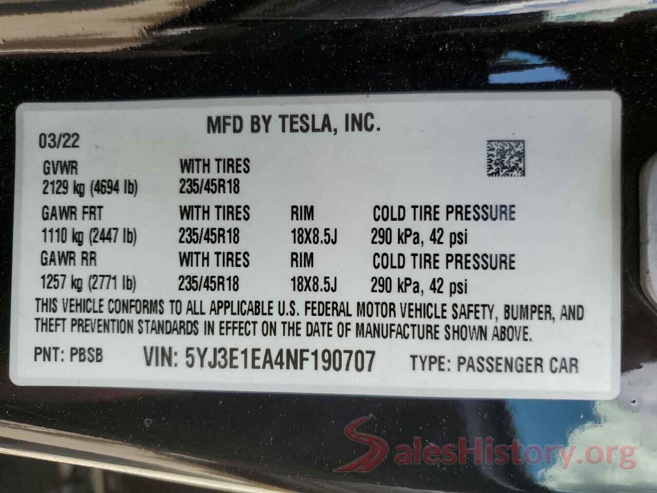 5YJ3E1EA4NF190707 2022 TESLA MODEL 3