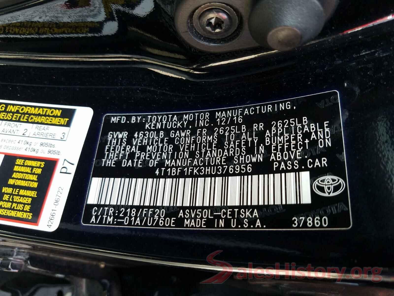 4T1BF1FK3HU376956 2017 TOYOTA CAMRY