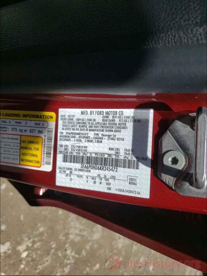 3FA6P0HD6KR245472 2019 FORD FUSION