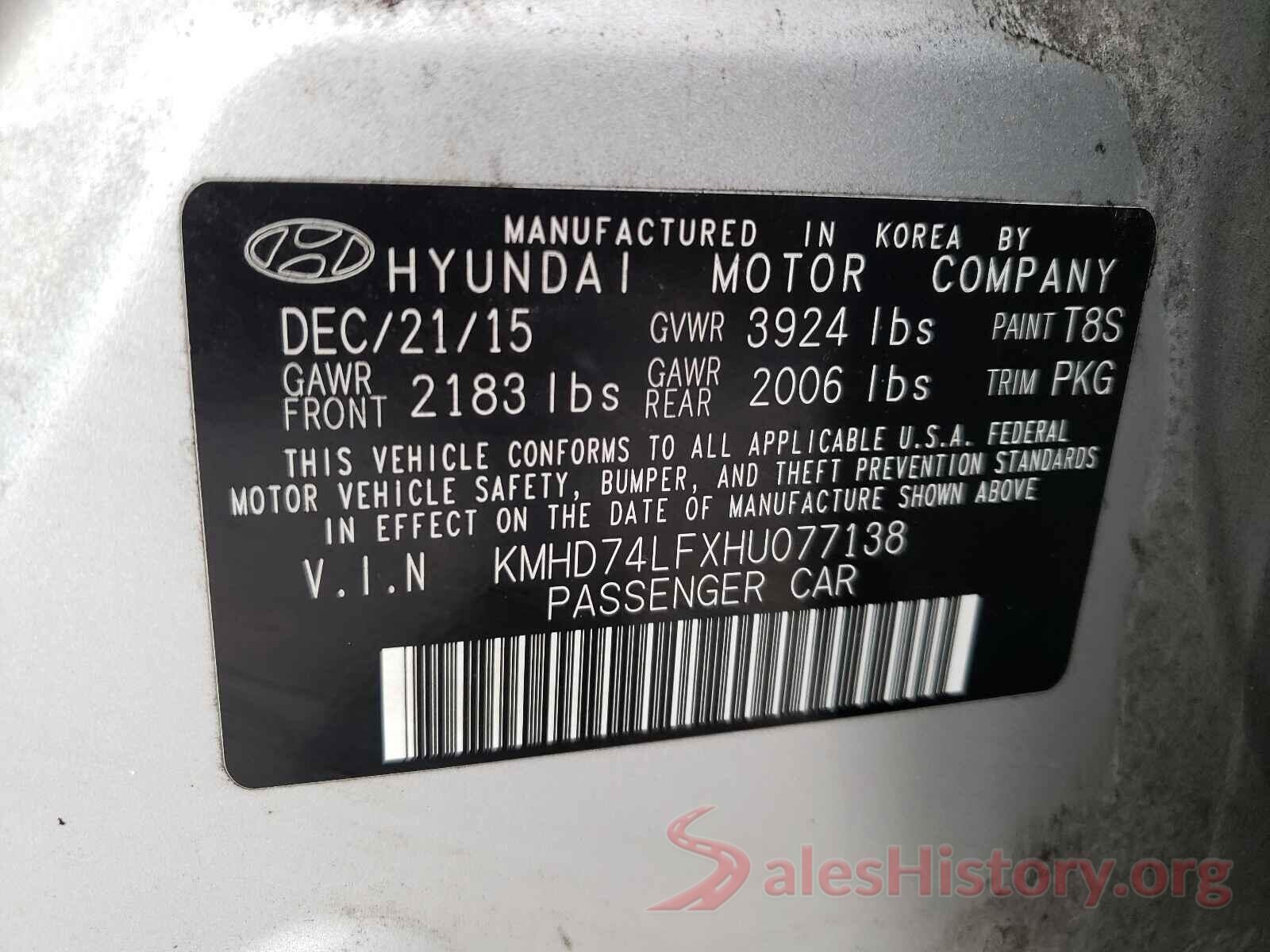 KMHD74LFXHU077138 2017 HYUNDAI ELANTRA