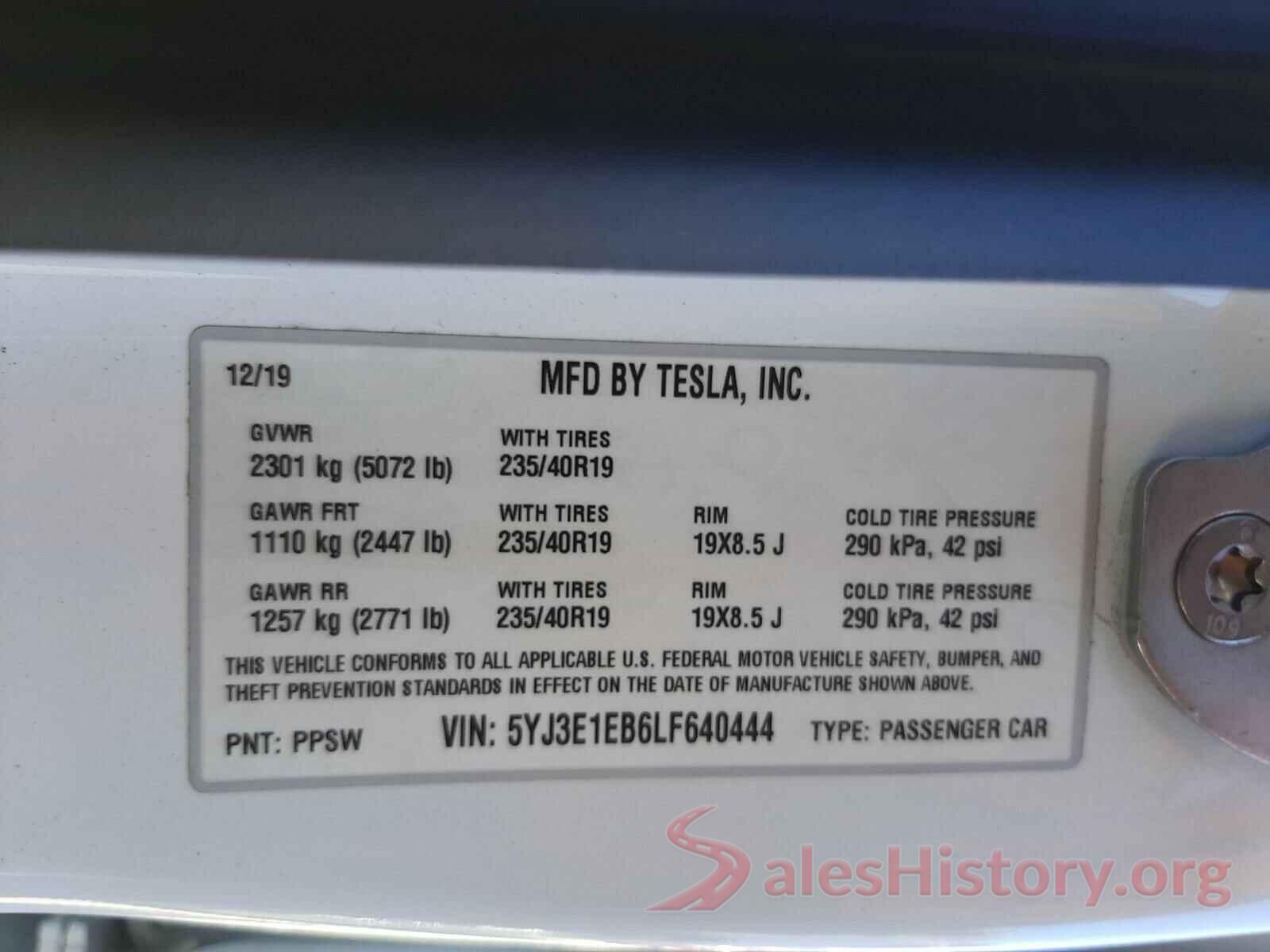 5YJ3E1EB6LF640444 2020 TESLA MODEL 3