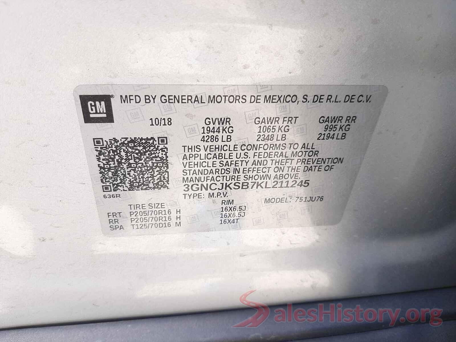 3GNCJKSB7KL211245 2019 CHEVROLET TRAX