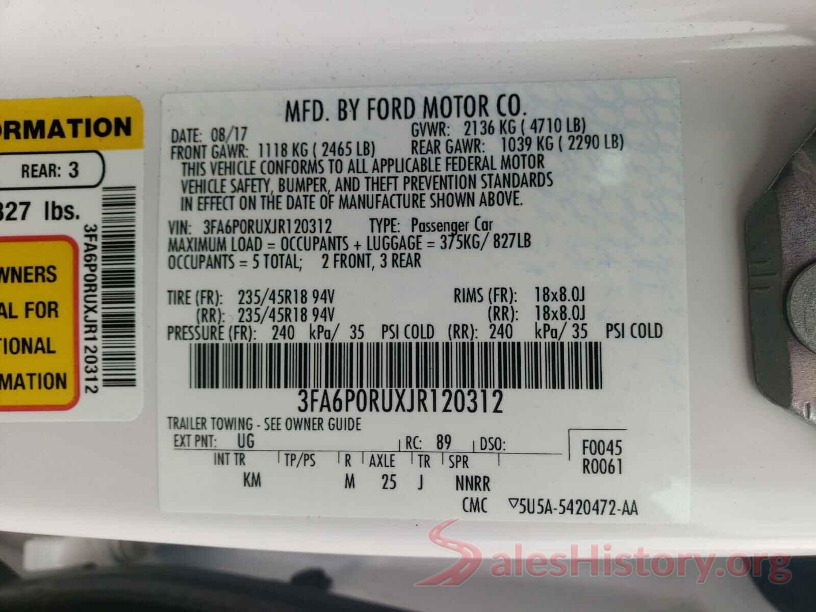 3FA6P0RUXJR120312 2018 FORD FUSION